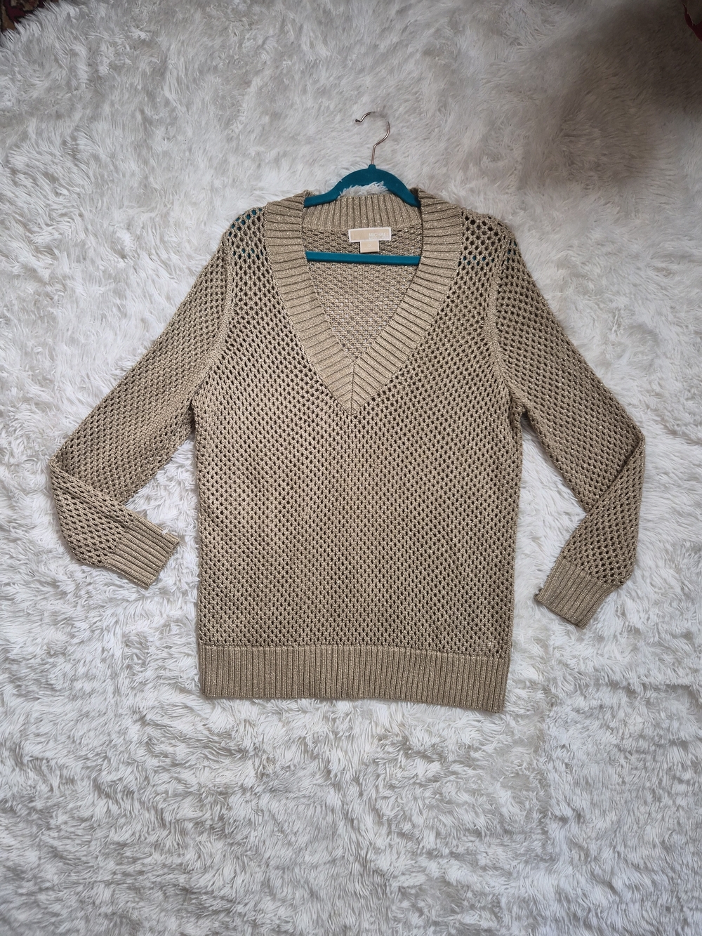 Womens Michael Michael Kors Sweater Top Gold Sparkly Open Knit V Neck Pullover